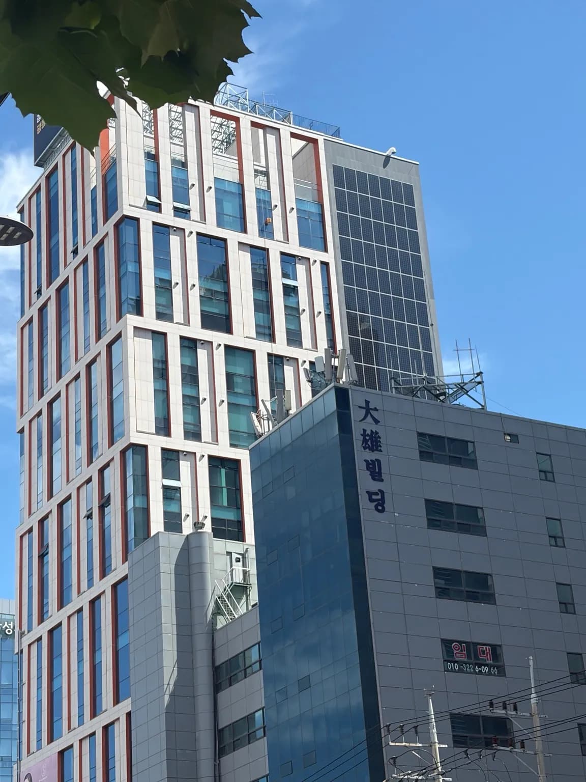 푸른 하늘을 배경으로 한 고층 건물 외벽과 유리면