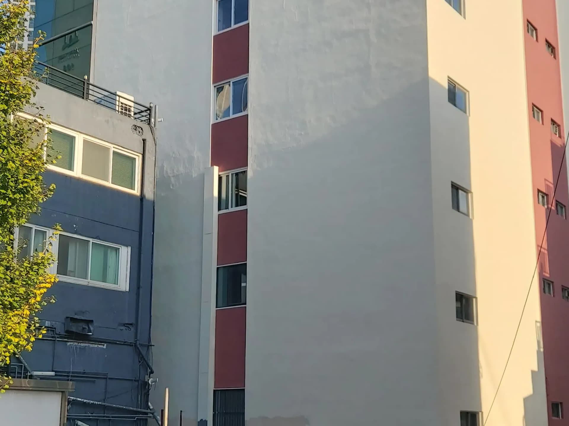 도장이 완료된 크림색·자주색 건물 외벽, 비계 철거 후 전경